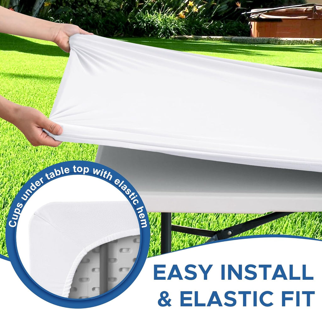 Fitted Tablecloth for 8 Foot Rectangle Tables-2 Pack White Elastic Outdoor Picnic Table Cover-Spandex Stretch Folding Table Cloths 8ft for Camping Dining Room Patio Kitchen Banquet Party