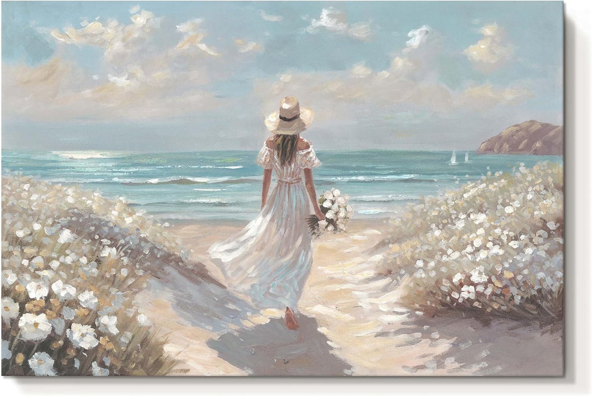cozy country Beach Wall Art 45"x30" - Coastal Pictures Ocean Canvas Decor - Nautical Artwork Seascape Hand Painting for Girls Room, Bedroom, Sea House