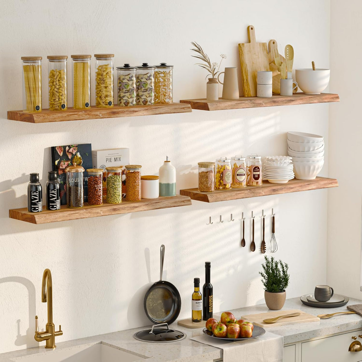 Floating Shelves for Wall, 32" Live Edge Solid Elm Wood Floating Shelf, Wall-Mounted Display Shelves with Invisible Heavy-Duty Metal Bracket, Floating Shelf for Kitchen (Natural, Set of 2)
