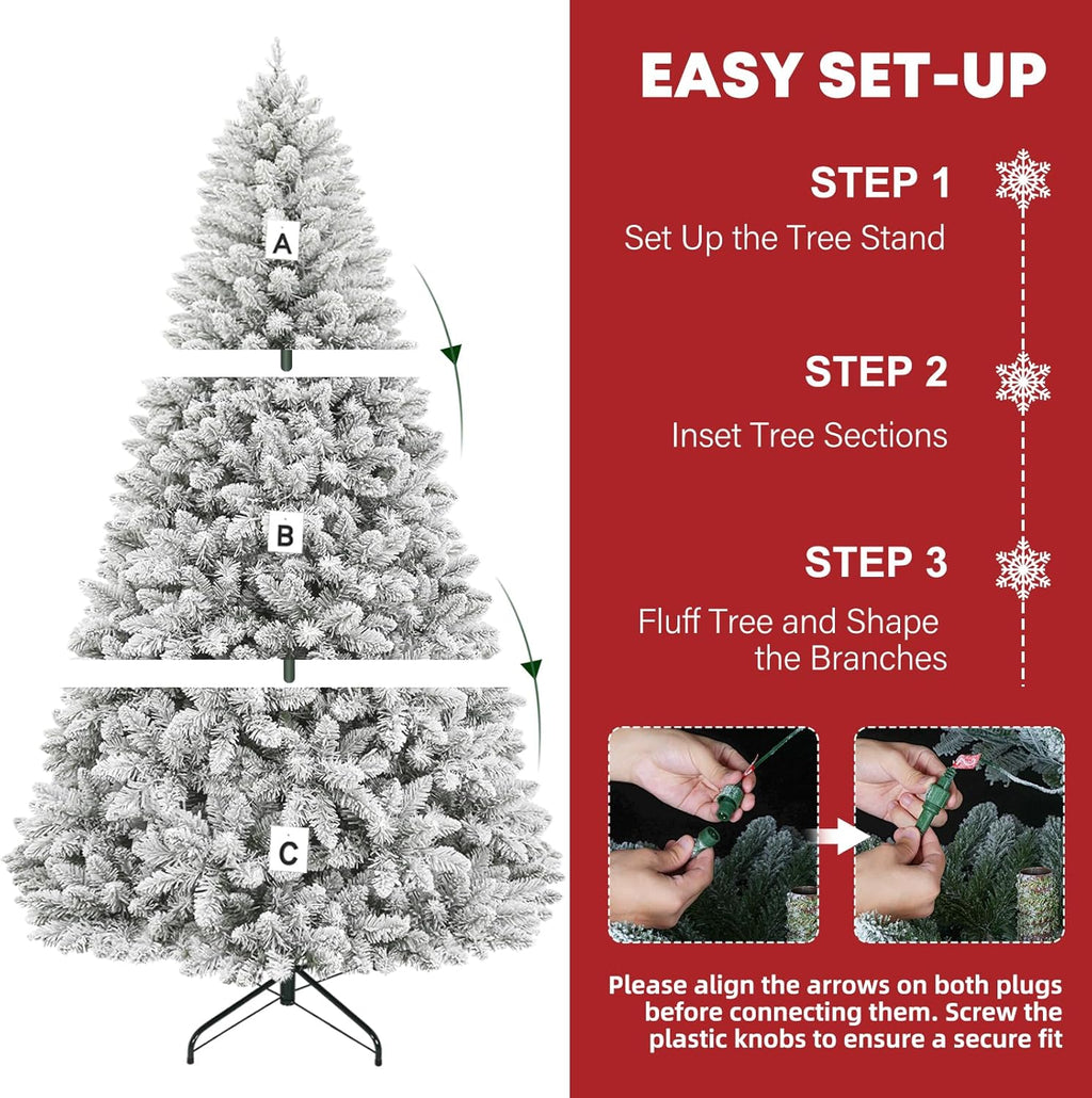 Hykolity 7.5 ft Prelit Snow Flocked Christmas Tree, Artificial Christmas Tree with 450 Color Changing LED Lights, 1446 Branch Tips, Metal Stand and Hinged Branches, 10 Colors