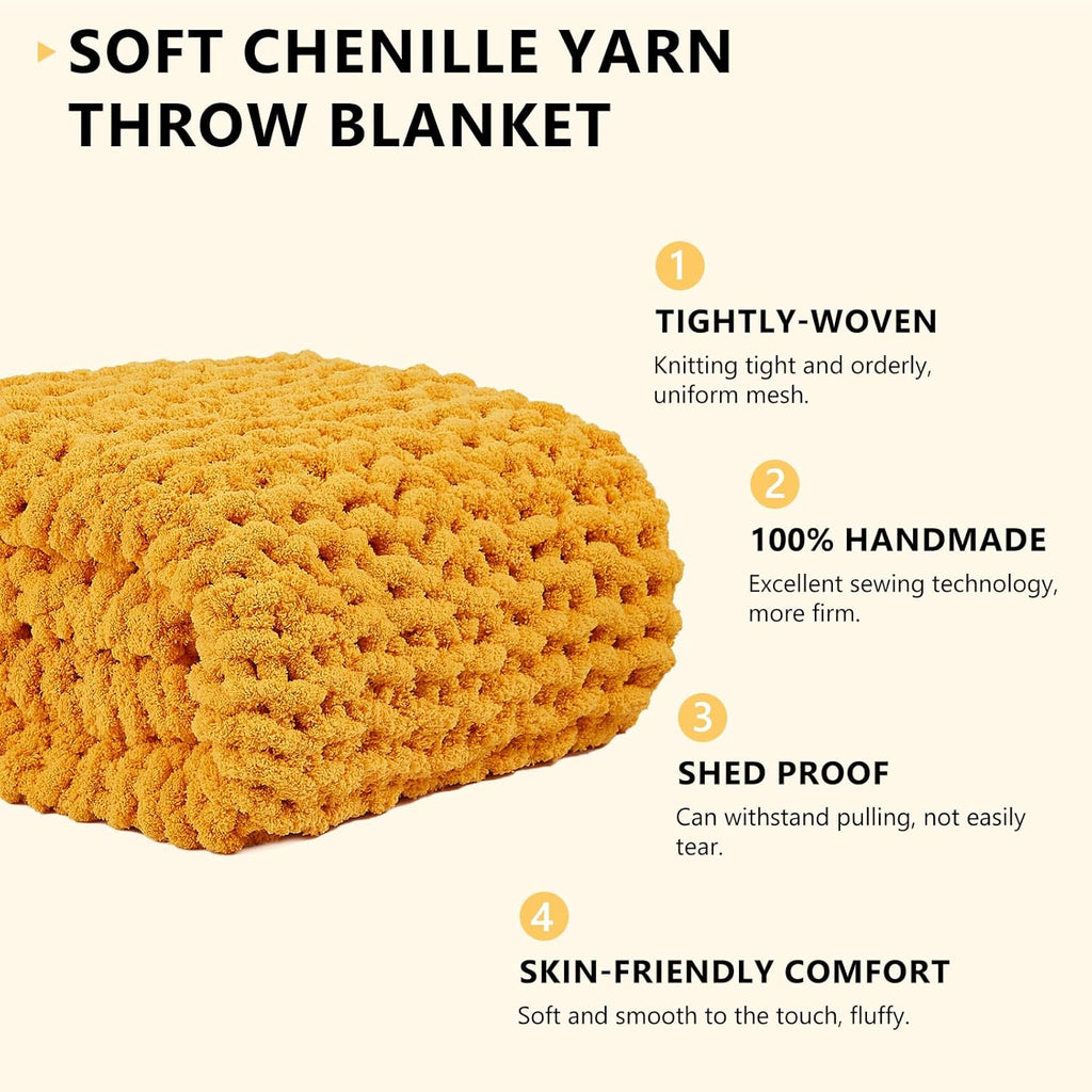 L'AGRATY Chunky Knit Blanket Throw - Soft Chunky Throw Blanket 30x40: 100% Hand Kintted Chenile Crochet Throw Blanket for Couch - Large Cable Knit Chunky Blanket for Home Decor(Mustard Yellow)