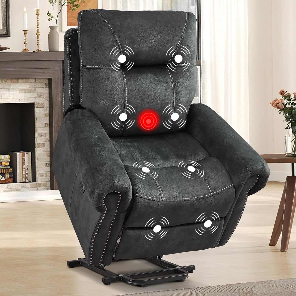 EBELLO Electric Power Recliner Chair with Massage and Heat, Soft Fabric Massage Recliner for Adults, Overstuffed Single Reclining Sofa, Vintage Rivet Mid-Century Design for Living Room, Grey