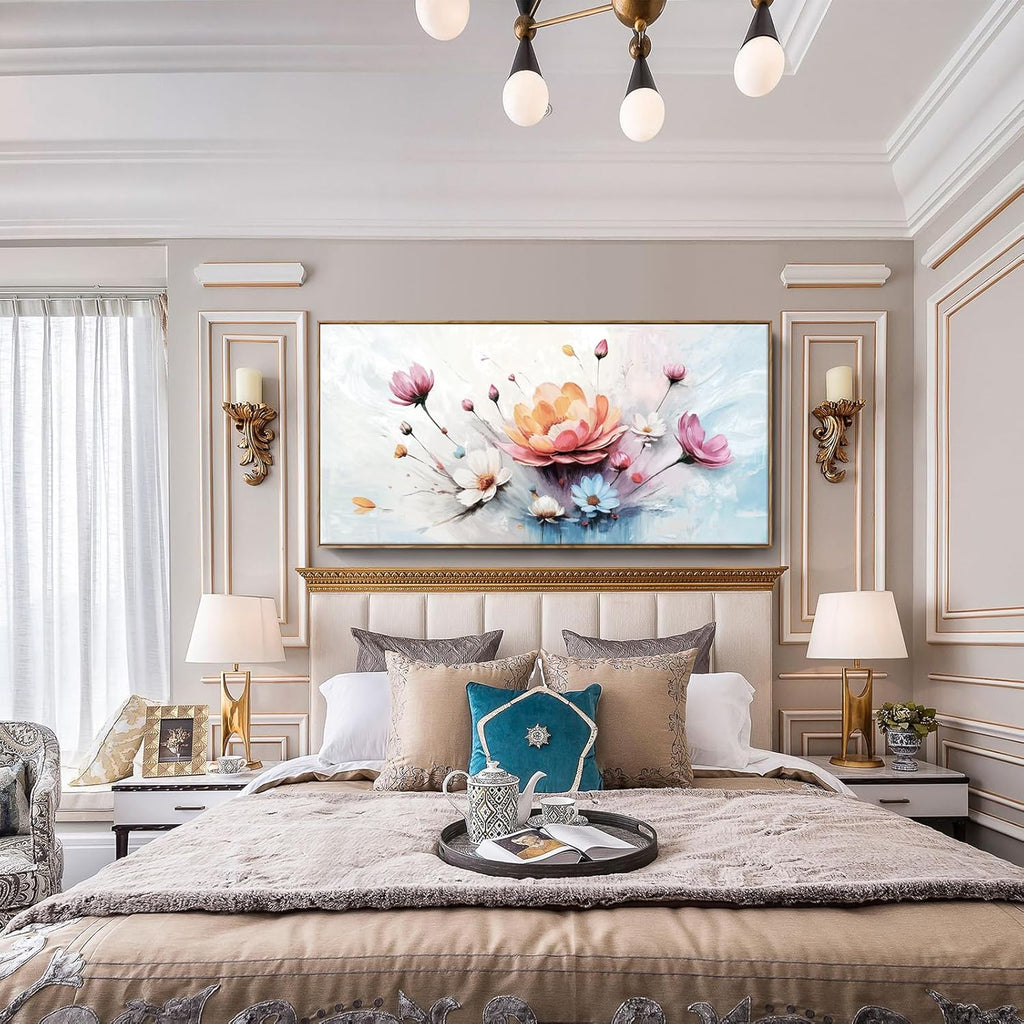 amatop Framed Floral Canvas Wall Art – Oversized Pink Blue Abstract Bloom Flower Print Daisy & Peony Picture Elegant Botanical Nature Large Artwork for Living Room Bedroom Dining Entryway Decor 58x29 inch