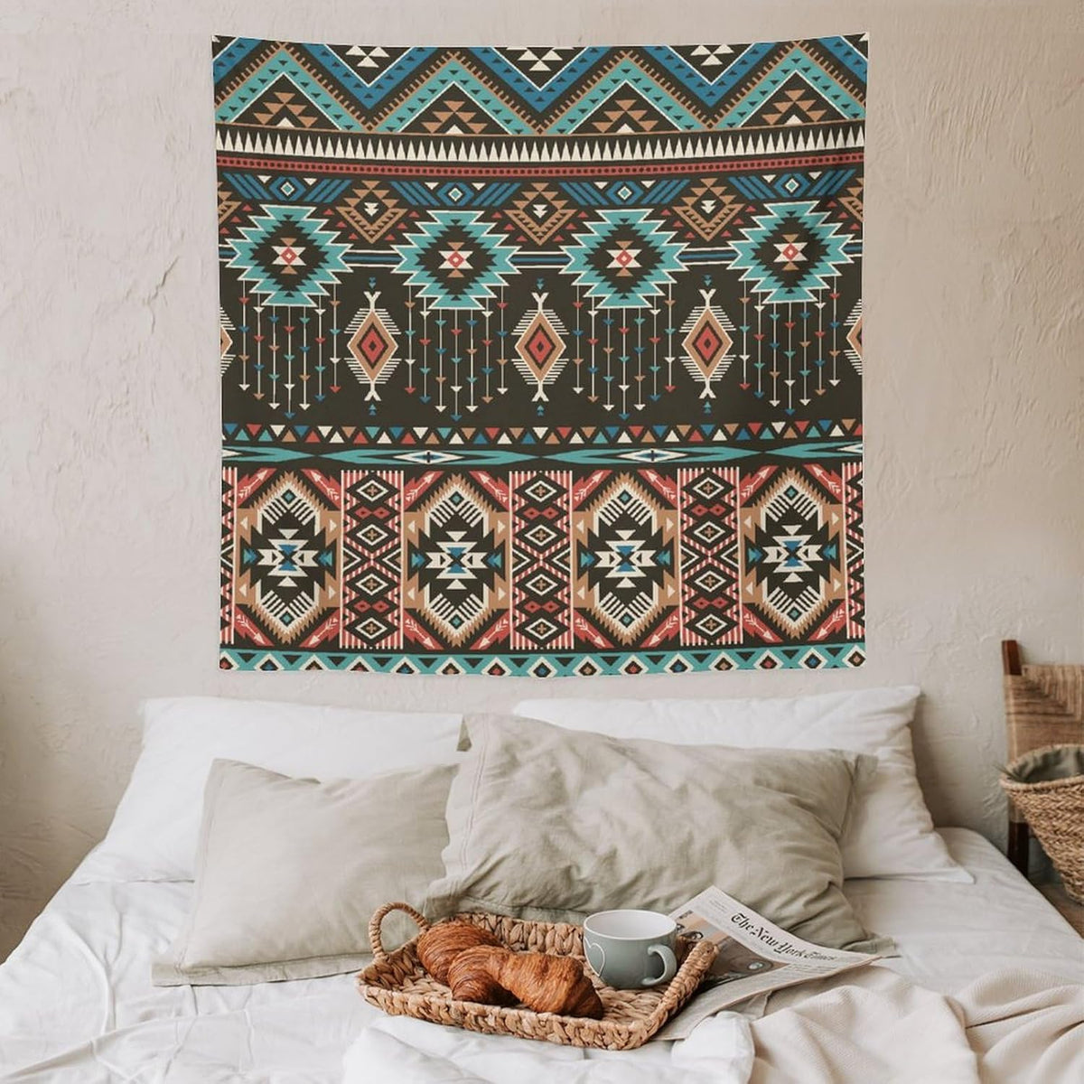HZOHNAGO Aztec Tapestry Turquoise Blue and Brown and Native American Tribal Pattern Printed Wall Tapestry Wall Hanging for Bedroom Living Room Dorm 60" W x 60" H