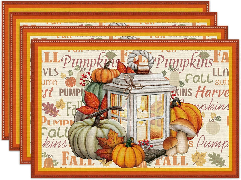 Linen Fall Placemats Set of 4 - Farmhouse Table Mats for Home Decor - Autumn Thanksgiving Kitchen Dining Room Table Decorations