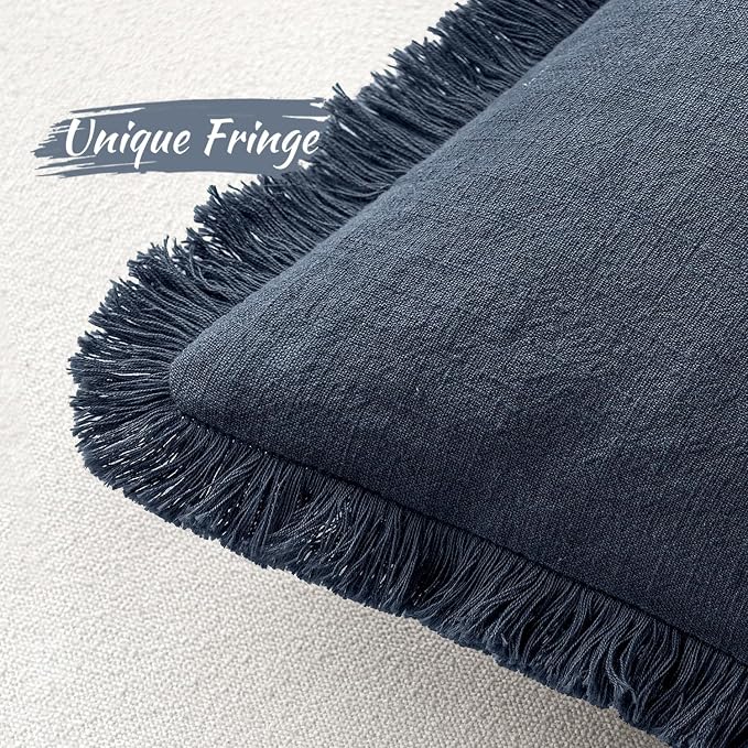 MIULEE Linen Fringe Decorative Euro Throw Pillow Covers Indigo Blue 26x26 | Set - Image 4