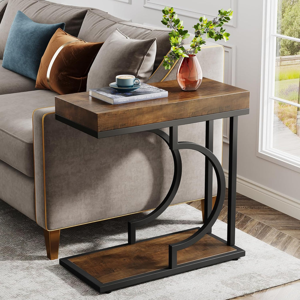 Tribesigns Narrow Side Table Brown Black C Shaped End Table Modern Bedside Tables for Couch, Small Sofa Tables with Metal Frame for Living Room (1, Brown+Black)