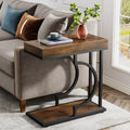 Tribesigns Narrow Side Table Brown Black C Shaped End Table Modern Bedside Tables for Couch, Small Sofa Tables with Metal Frame for Living Room (1, Brown+Black)