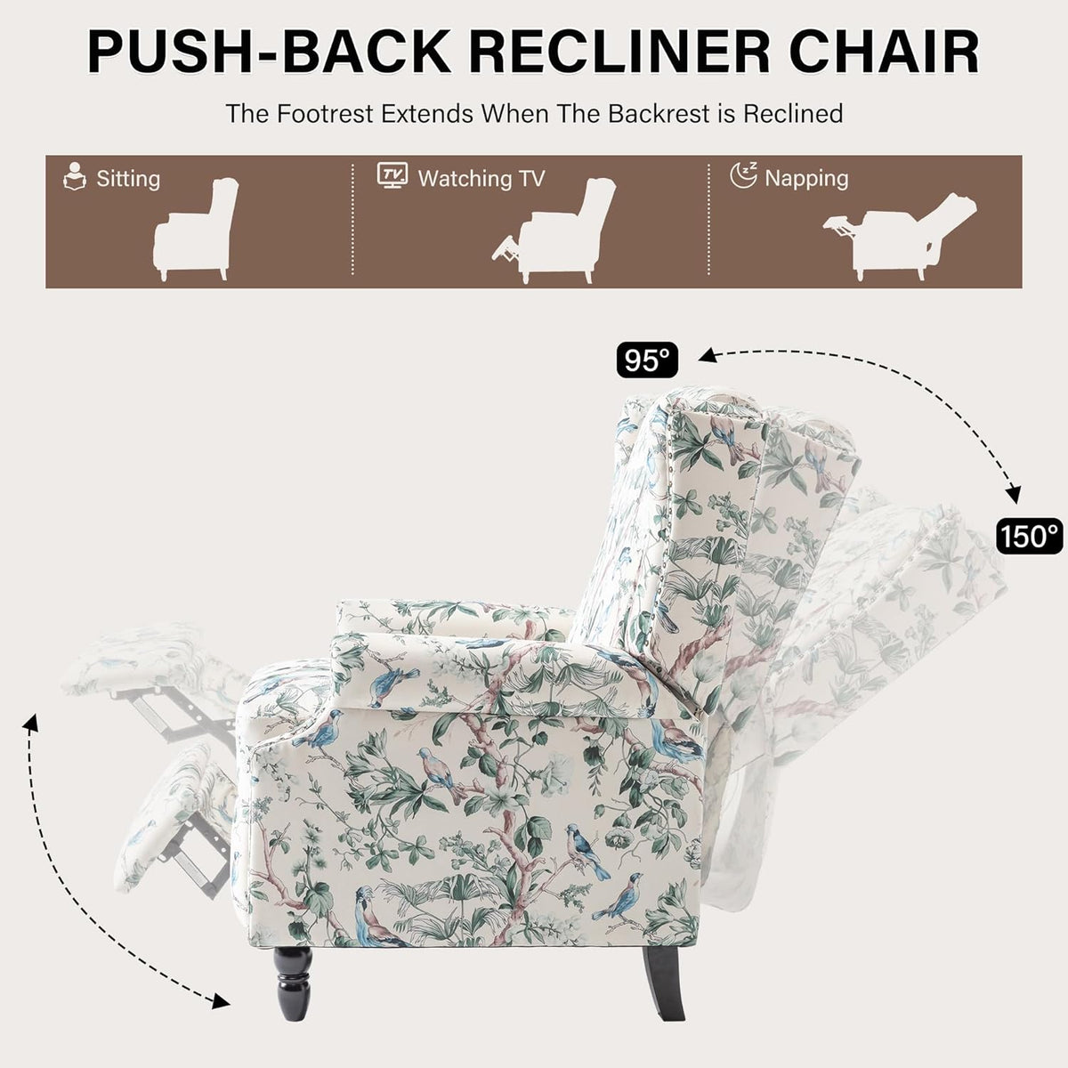 UIXE Floral Pushback Recliner Chair, Fabric Upholstered Armchair Push Back Accent Chair for Living Room, Rivet Trim Club Chair Home Theater Single Sofa Reading Seat - Bird