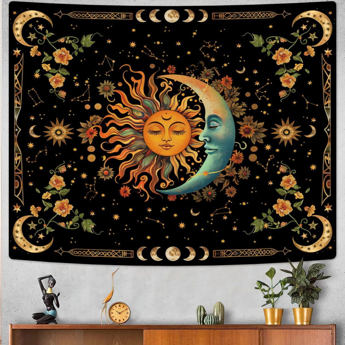 ARTCREATOR Sun and Moon Tapestry Astrology Space Wall Hanging Boho Hippie Floral Plant Tapestries Aesthetic Vintage Mandala Flower Decor for Living Room Bedroom (29" x 37")