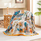 Fall Throw Blanket for Couch, Yellow Boho Decorative Throw Blanket, 100% Cotton Muslin Breathable Woven Farmhouse Blankets Quilt, 90"x98" Reversible Lightweight Blankets Bohemian Throw Quilt