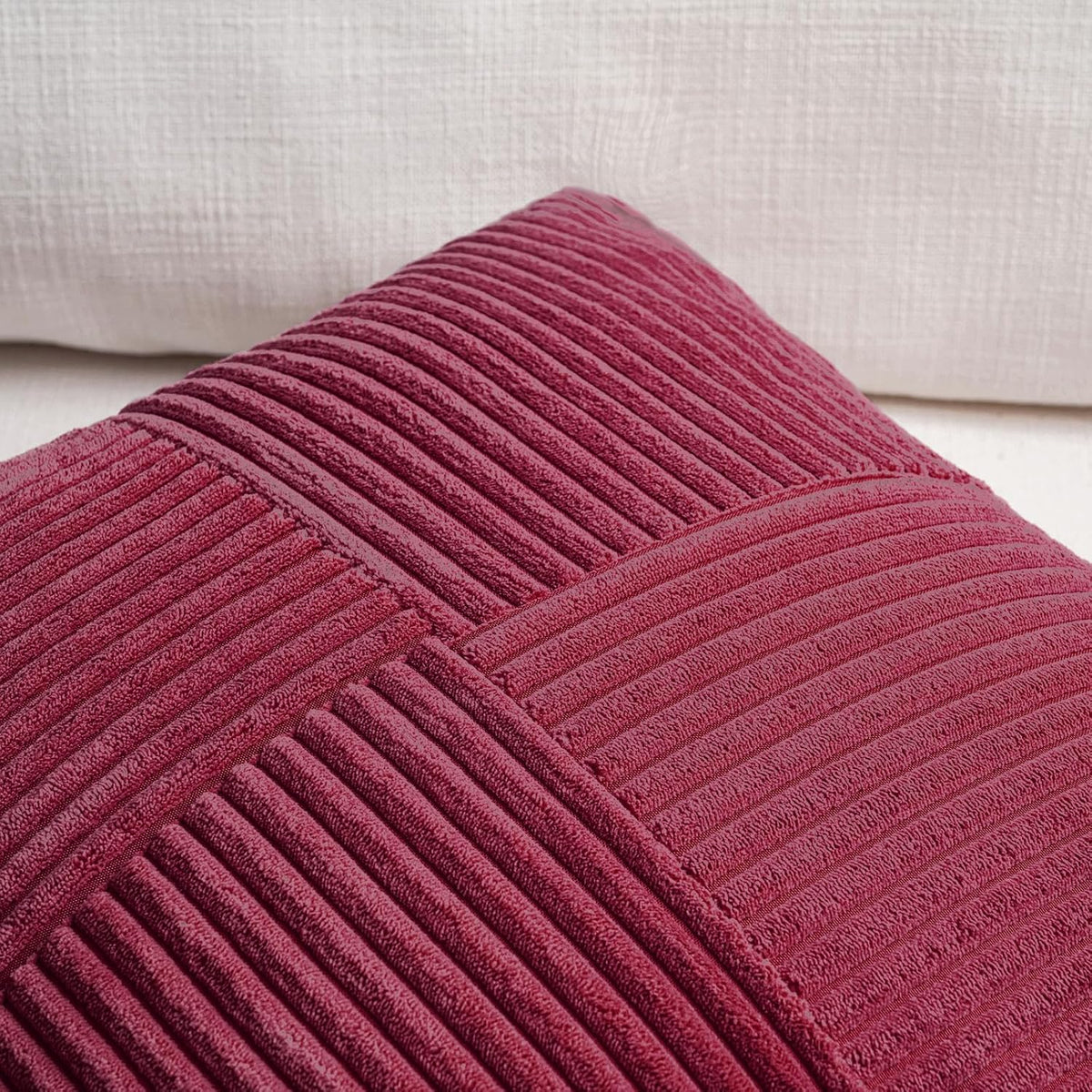 Fancy Homi 2 Packs Burgundy Euro Decorative Throw Pillow Covers 28x28 Inch for Bed, Rustic Farmhouse Boho Home Decor, Soft Corss Corduroy Patchwork Textured Square Cushion Case 71x71 cm