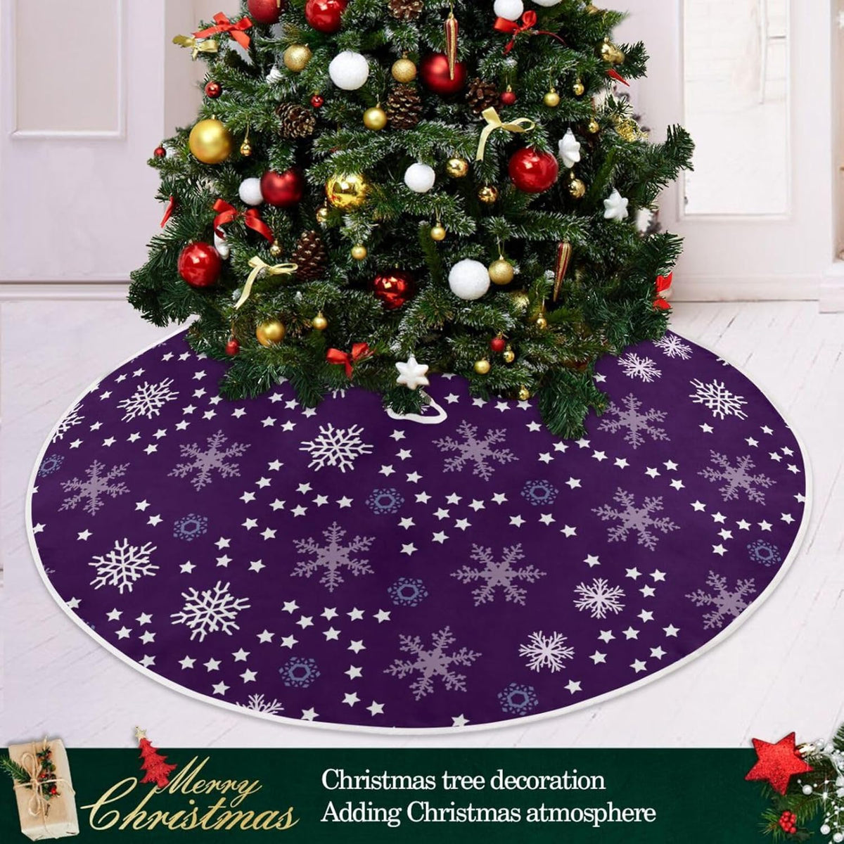 Christmas Purple Snowflakes Tree Skirt, Seasonal Tree Mat Holiday Party Supplies Ornaments Indoor Outdoor Decorations for Tabletop Trees 35.4 Inches