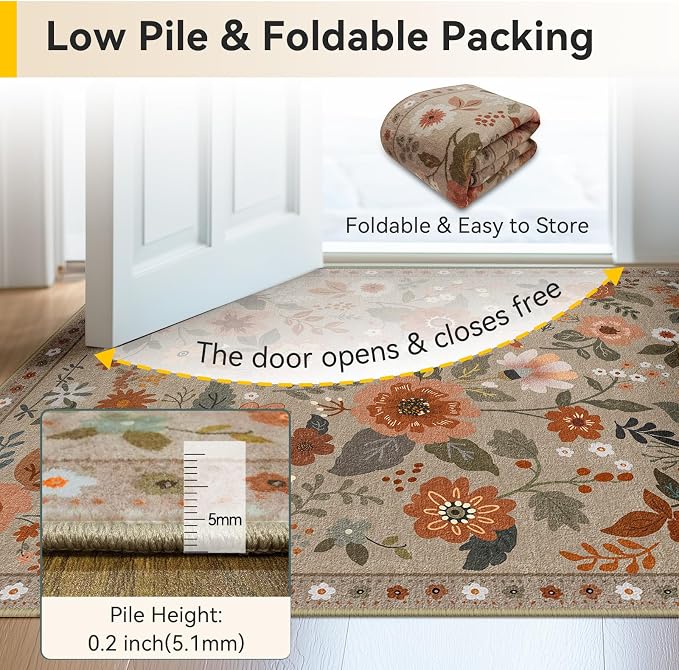 RELEANY Floral Washable 8x10 Area Rugs Brown/Brick | Flower Carpet Print Boho - Image 4