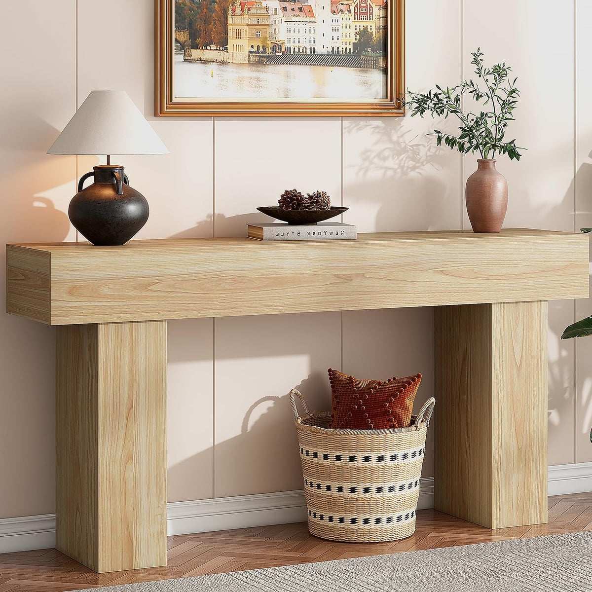 63 Inch Long Console Table for Entryway, Farmhouse Wood Rectangular Sofa Table Behind Couch Table, Narrow Entryway Table for Living Room, Entrance, Hallway, Foyer, Easy Assembly (Natural)