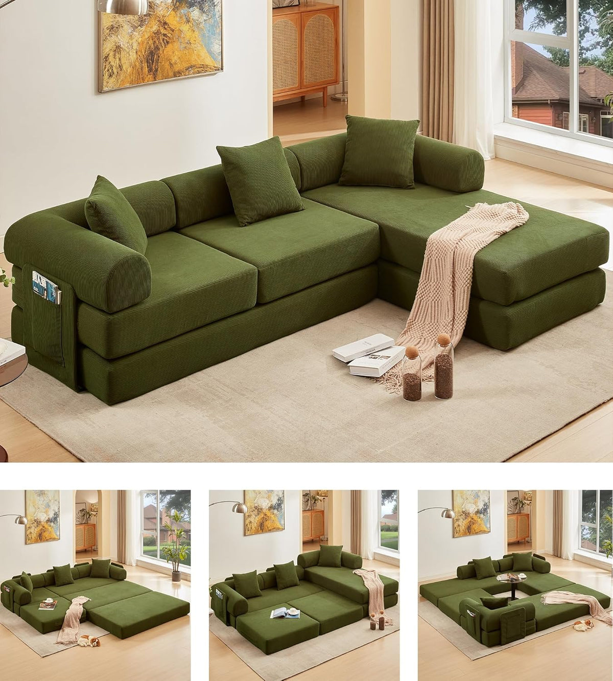 107" Oversized Convertible Sleeper Sofa Bed, Corduroy L Shape Sectional Couch, Folding Sofa Bed with Side Pocket, Modern Cloud Floor Mattress Couch, Modular Sofa for Living Room, Green
