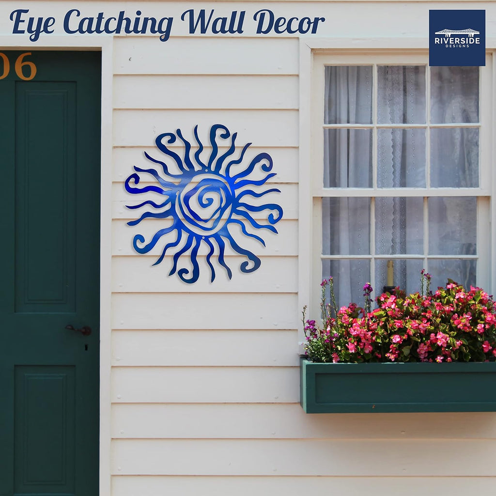 Riverside Designs Wacky Sun Metal Wall Art Indoor/Outdoor Decor - 24" Blue Rust Proof Wall Sculpture - Made in USA - Ideal for Bedroom, Garden, Home, Patio and Farmhouse