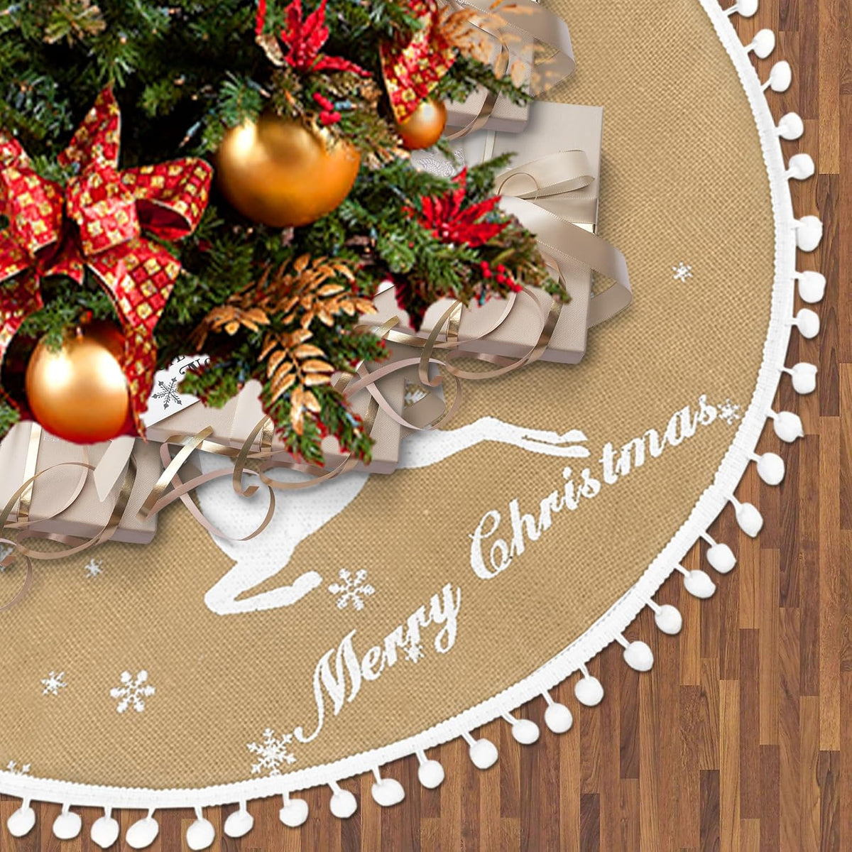 24 Inch Christmas Tree Skirt, Burlap Linen Color Christmas Rustic Tree Skirt with Elk Deer and White Snowflake Printed for Holiday Party Xmas Tree Decoration
