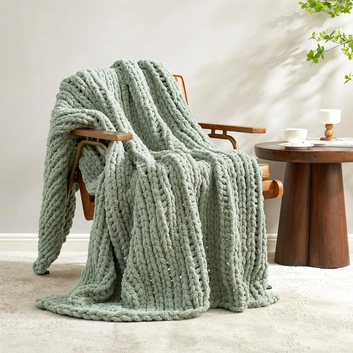 Amélie Home Chunky Knit Throw Blanket for Couch, Soft Chenille Crochet Blanket for Children, 40"x50", Sage Green