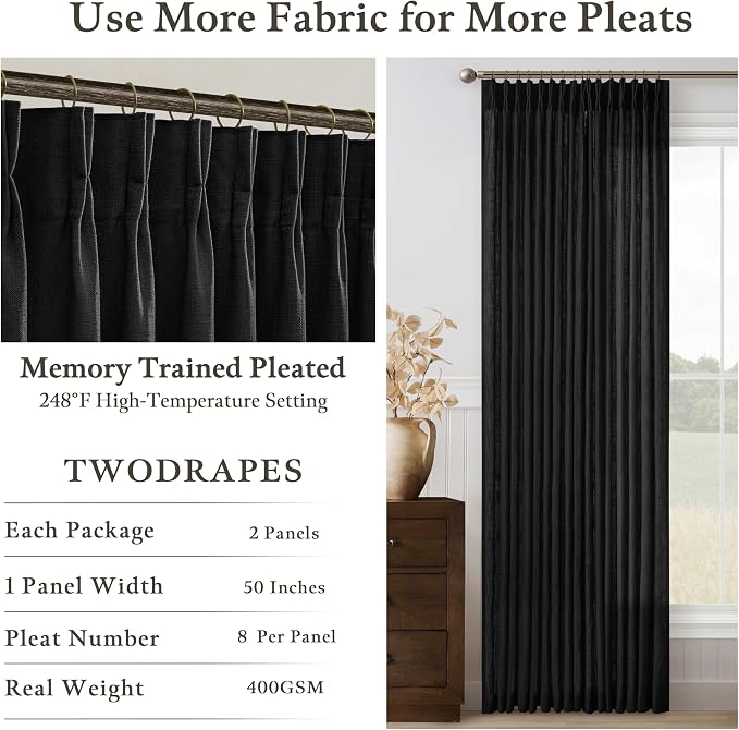 Pinch Pleated Linen Pleated Semi Sheer Black Curtains 96 Inch Long 2 Panels | - Image 4