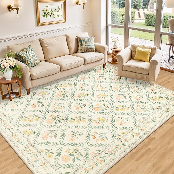 PLHXFR Area Rug Living Room: 4x6 Floral Washable Boho Carpet Beige Multi | - Image 2