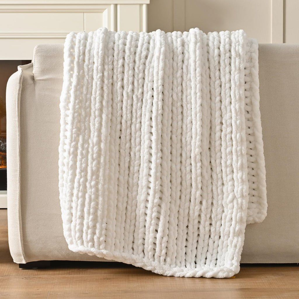 Esterra 100% Hand Knitted Chenille Throw Blanket, 50"x60", White, Polyester, Chunky Knit, Throw Blanket, 50x60 Inches