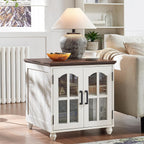 Farmhouse 24" End Table Set of 2 with Charging Station, Large Sofa Side Table with Glass Barn Door,Wood Night Stand with Adjustable Storage Shelf,Square Bedside Table for Living Room,Bedroom