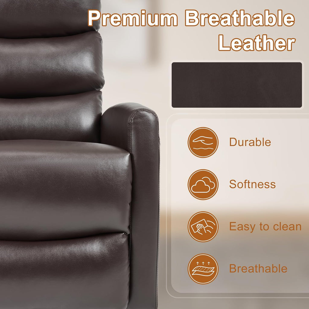 Manual Swivel Rocker Recliner Chair for Adults, Overstuffed Reclining Glider Chair for Nursing with Vibration Massage & Heat, Living Room Rocking Recliner 3-Stage backrest, Faux Leather Brown