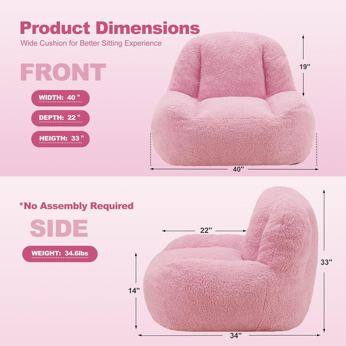 Homguava Bean Bag Chairs for Adults,Giant Beanbag Couch Adult Bean Bag Chair with Filler Included,Modern Lazy Sofa Comfy Chair for Living Room(Soft Pink)