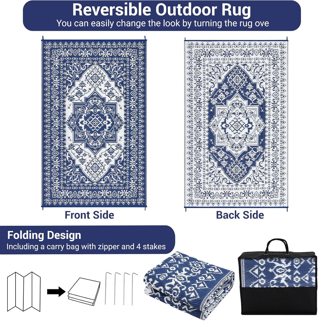 GAOMON Large Outdoor Plastic Straw Rug 10x14 Waterproof Patio Rug Reversible Foldable Portale Camping Mat with Stakes & Bag, Vintage Boho Outside Carpet for RV Garden Deck Porch, Navy