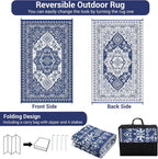 GAOMON Large Outdoor Plastic Straw Rug 10x14 Waterproof Patio Rug Reversible Foldable Portale Camping Mat with Stakes & Bag, Vintage Boho Outside Carpet for RV Garden Deck Porch, Navy