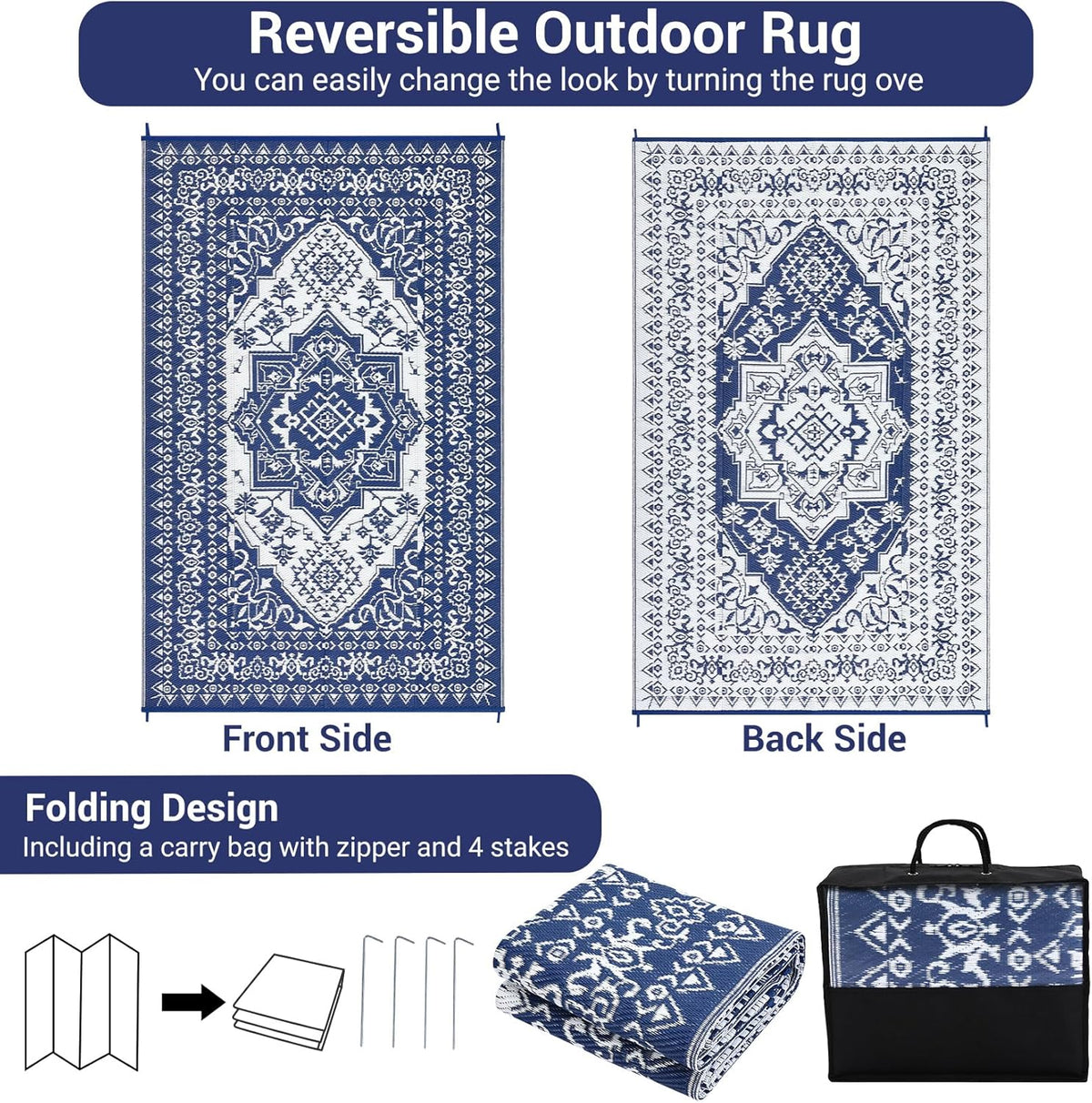 GAOMON Large Outdoor Plastic Straw Rug 10x14 Waterproof Patio Rug Reversible Foldable Portale Camping Mat with Stakes & Bag, Vintage Boho Outside Carpet for RV Garden Deck Porch, Navy