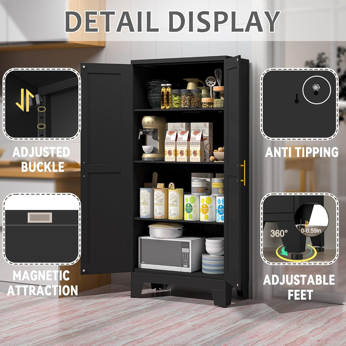 61.02" Kitchen Pantry Cabinet, Pantry Storage Cabinet with 2 Doors and Adjustable Shelves, Black Food Storage for Kitchen, Living Room, Bedroom and Dining Room (Black) Metal Sideboard
