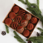Christmas Ornaments Set of 12, 3.15" Flocked Velvet Balls with Hand Painted Designs, Brown Elegant Christmas Tree Decorations in Gift Box