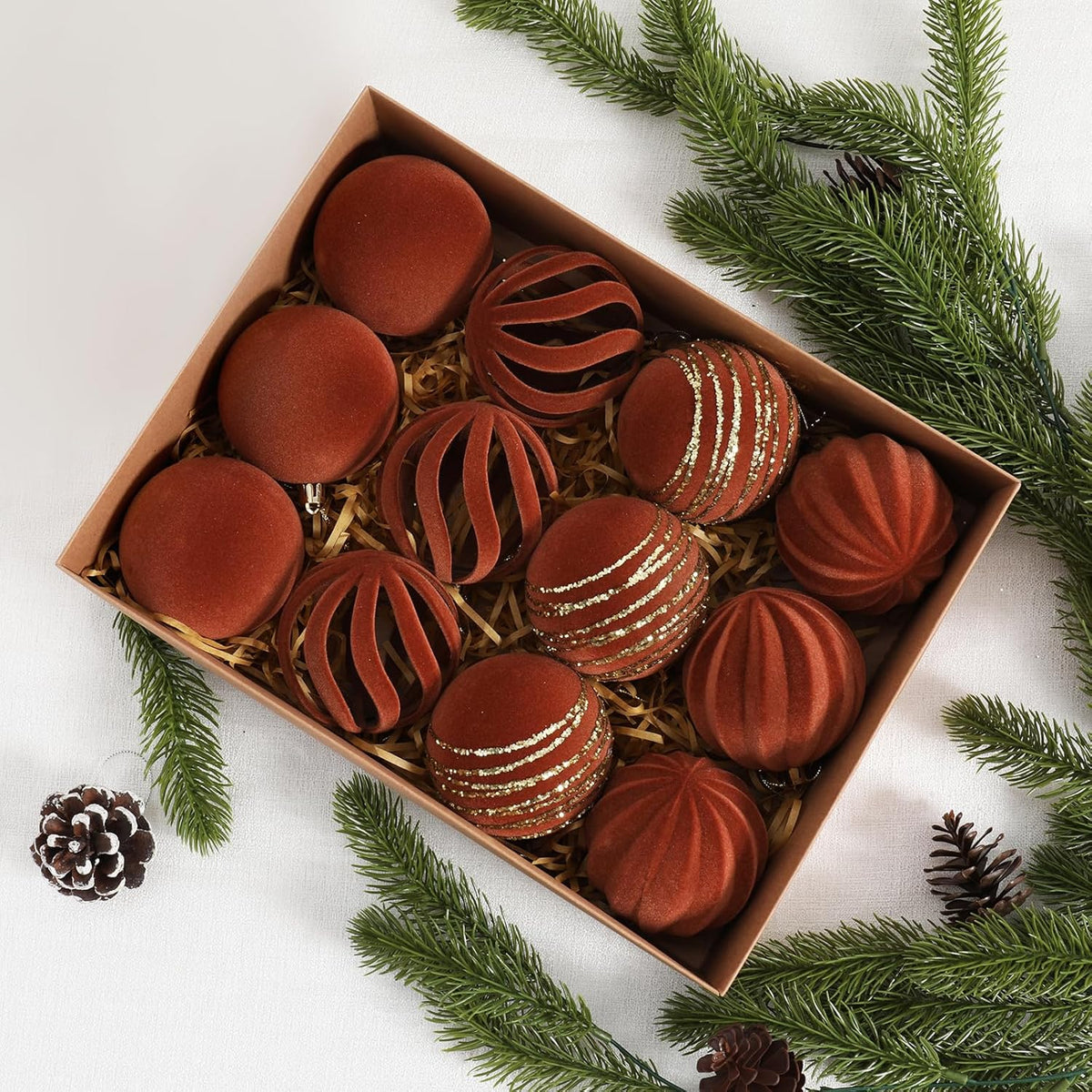 Christmas Ornaments Set of 12, 3.15" Flocked Velvet Balls with Hand Painted Designs, Brown Elegant Christmas Tree Decorations in Gift Box