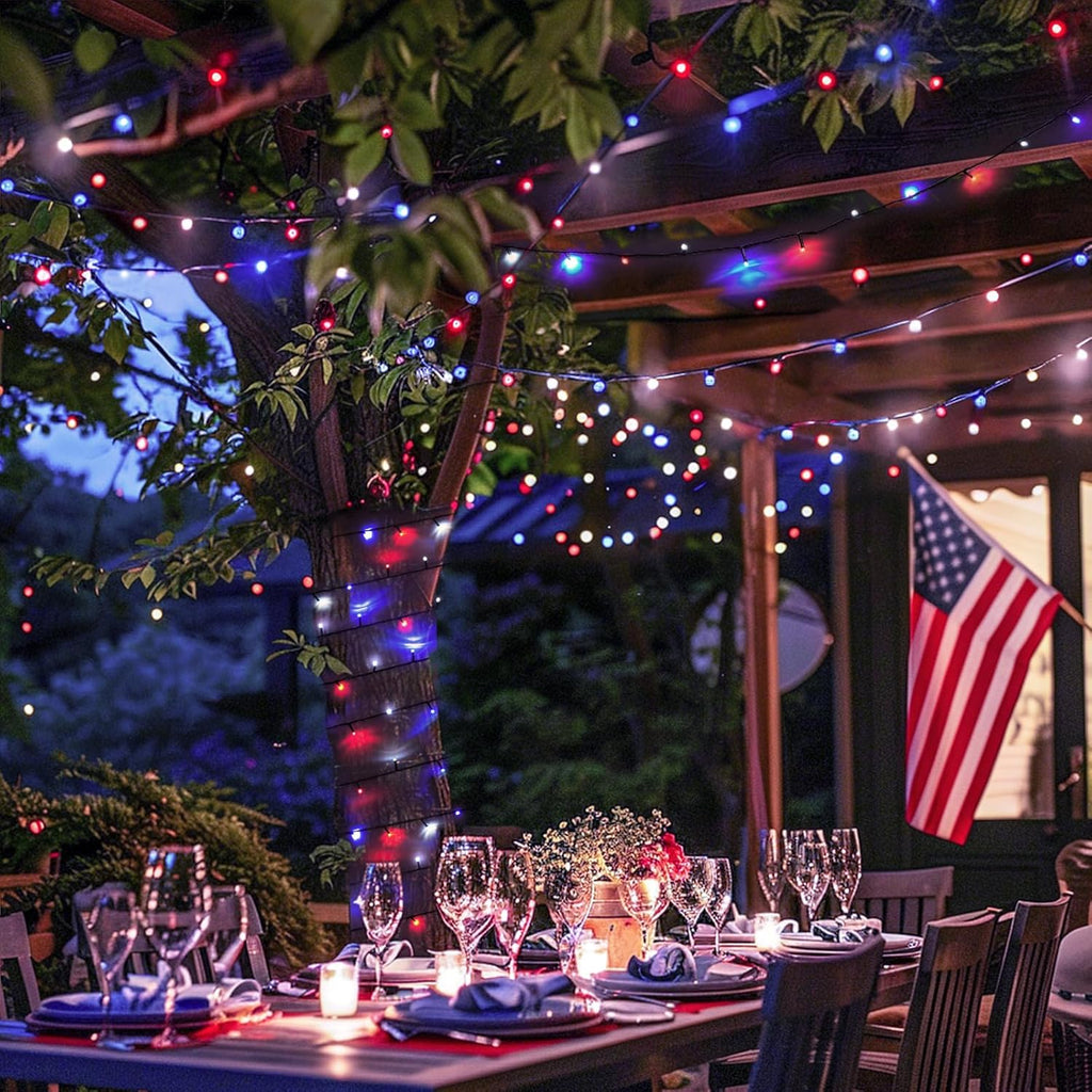JMEXSUSS 2 Pack Red White and Blue Solar Lights, 200LED 75.5ft Patriot Solar String Lights Outdoor Waterproof, 8 Modes 4th of July Light for Independence Day Patio Garden Tree Decorations