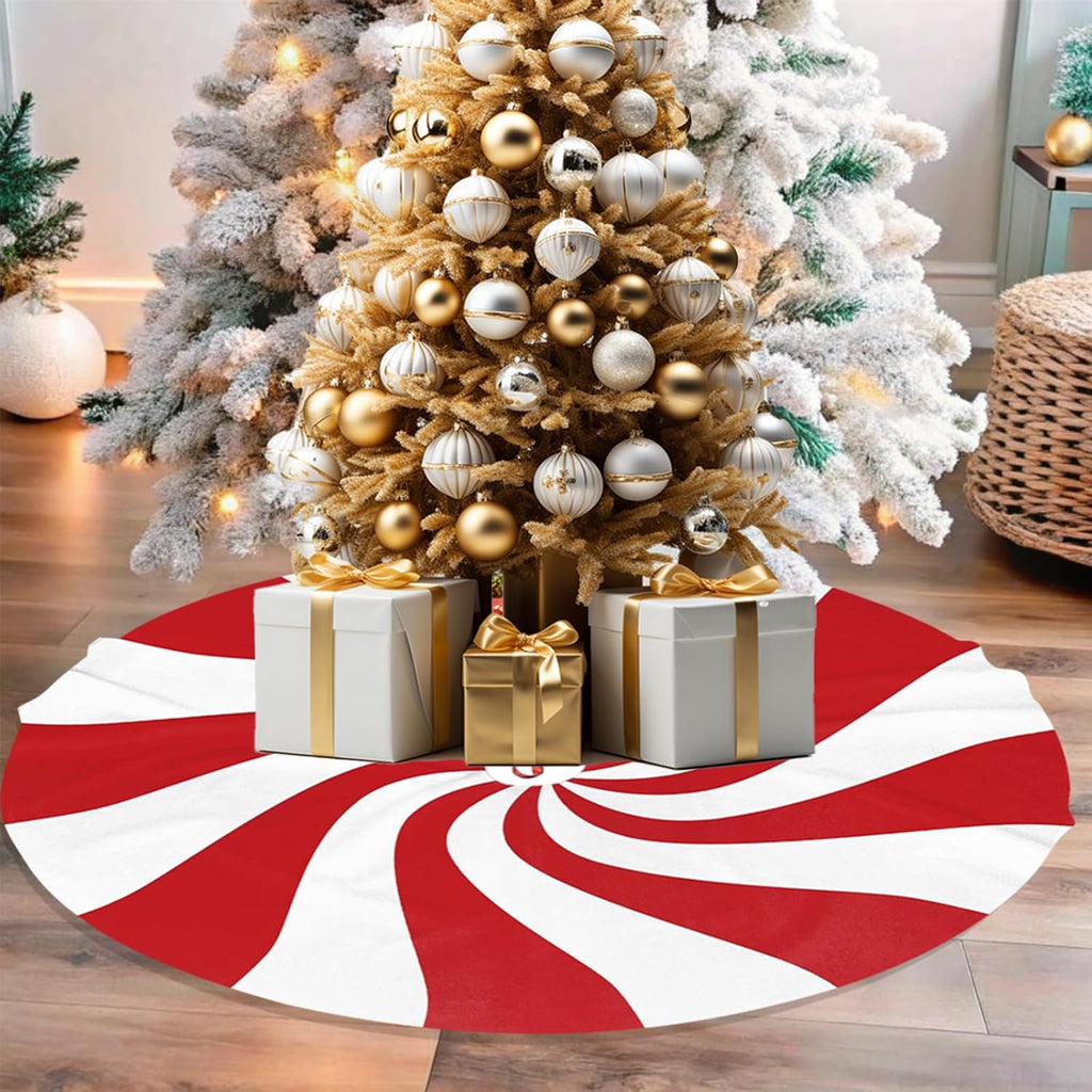 36" Large Christmas Tree Skirt, Red and White Peppermint Candy Round Pattern Tree Mat Base Cover for Xmas Festive Holiday Party Decoration Ornaments