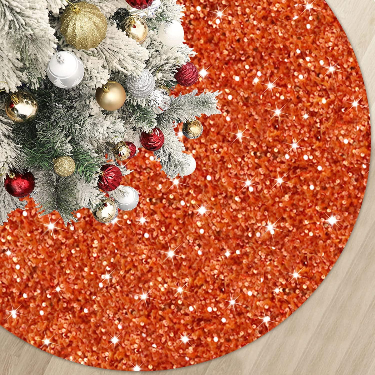 MODFUNS 46 Inch Christmas Tree Skirt Sequins Burnt Orange Xmas Tree Skirt Soft Velvet Christmas Tree Skirts Christmas Tree Ornaments for Halloween Round Fabric Tree Cover Skirt Sequin Metal Tree Base