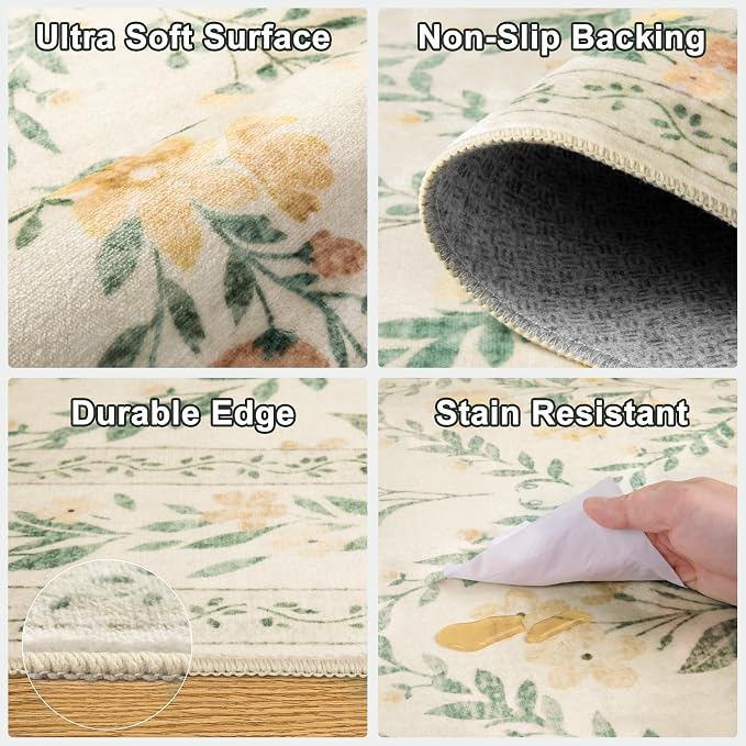 PLHXFR 6x9 Area Rug Living Room: Floral Washable Boho Carpet Beige Multi | - Image 7