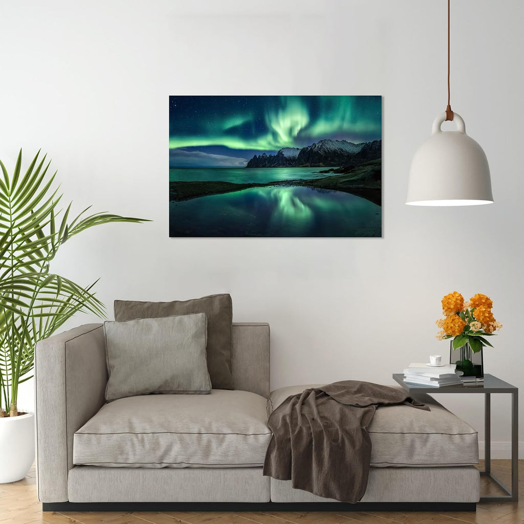 Aurora Borealis Wall Art Painting for Office Bedroom Scenery Landscape Canvas Print Framed Picture Northern Lights Poster Artwork Ready to Hang (20.00"x30.00")