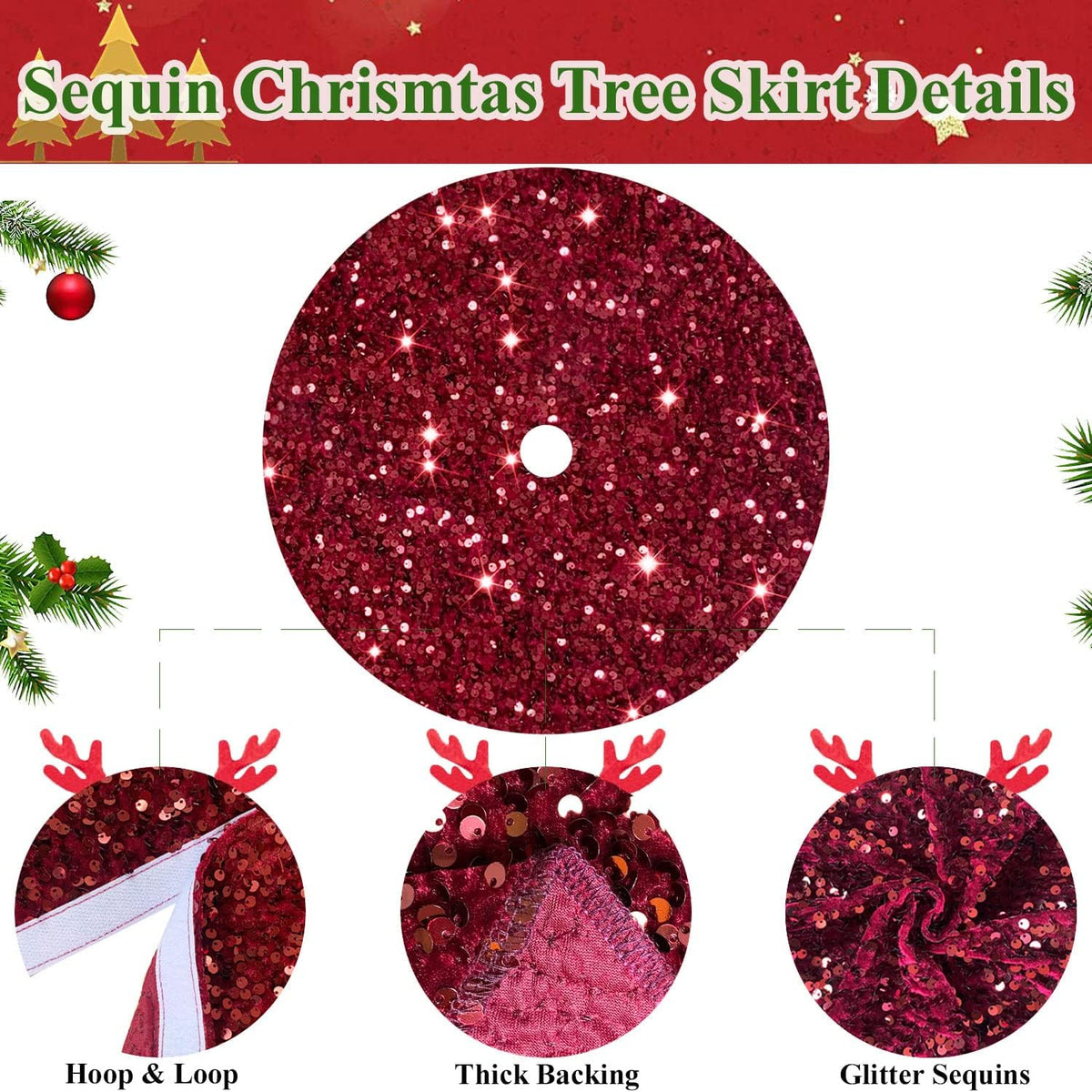 MODFUNS Sequins Christmas Tree Skirt 46 Inch Burgundy Xmas Tree Skirt Soft Fabric Christmas Tree Floor Mat Velvet Tree Skirt Christmas Tree Carpet for Indoor Home Party Decorations