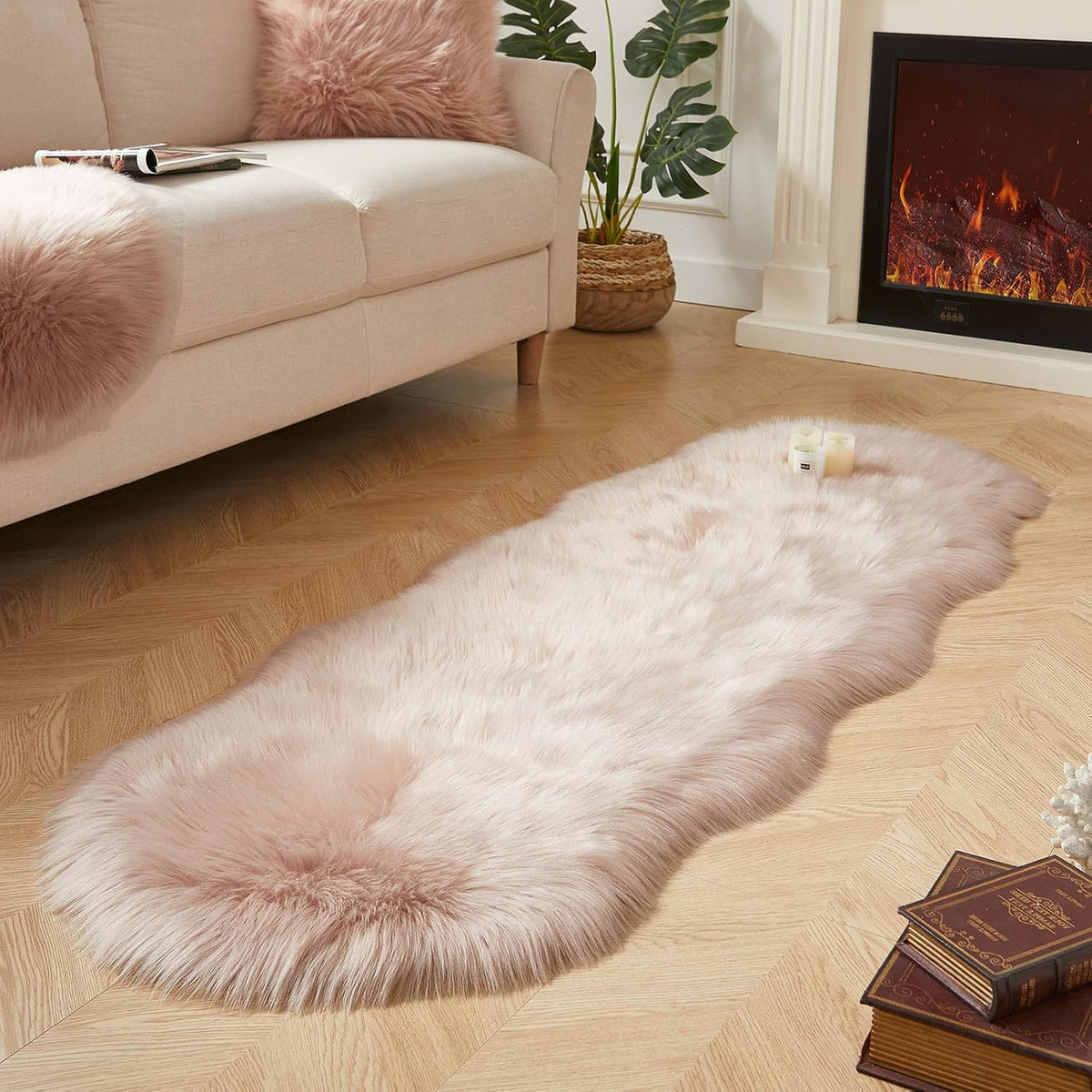AMTOVO Faux Sheepskin Rug, Pink Ultra Soft Fluffy Shag Area Rug, 2 x 6 ft Faux Fur Rug for Bedroom Sofa Throw Cushion Room Decor, Sheepskin
