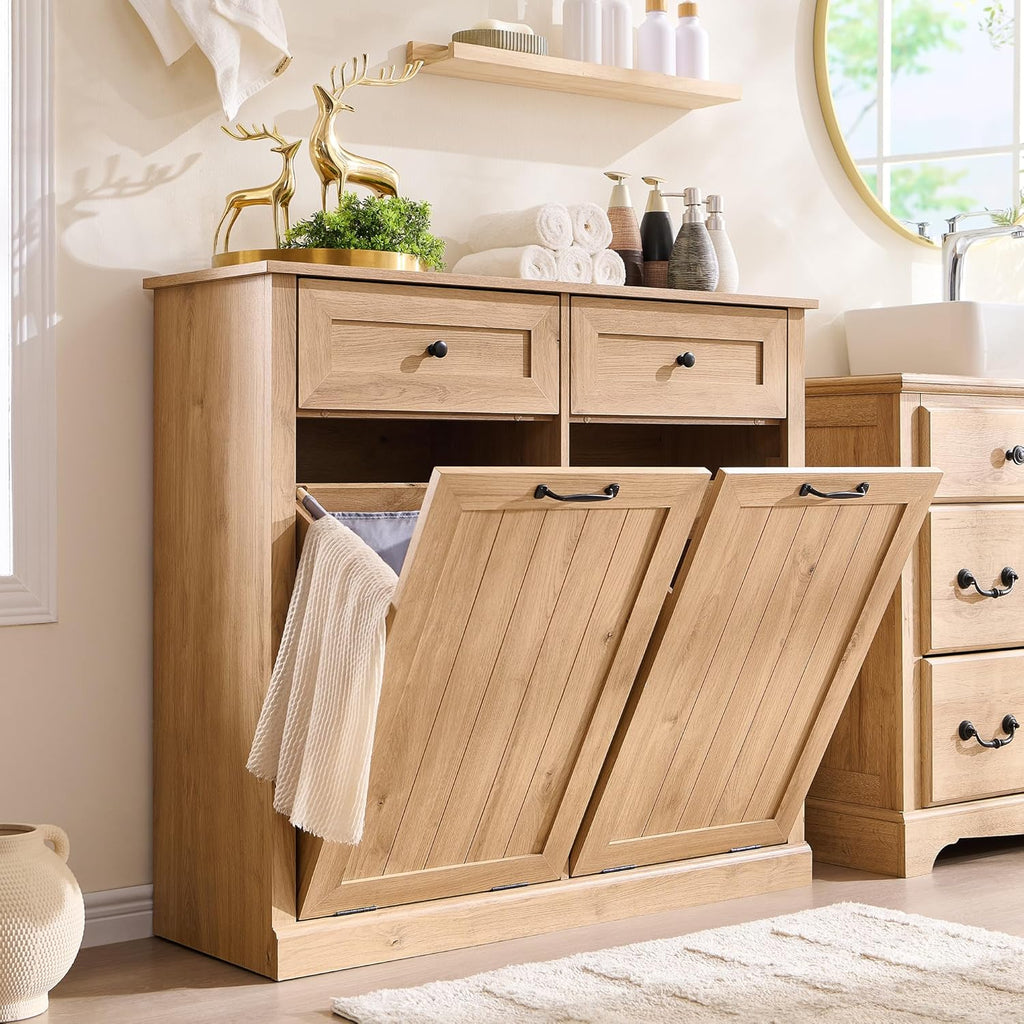 Double Tilt Out Laundry Hamper Cabinet, 20 Gallon Farmhouse Trash Can Cabinet with Drawer, Hidden Wood Garbage Can Bin Cabinets with Laundry Storage Basket for Bathroom, Kitchen (Natural)