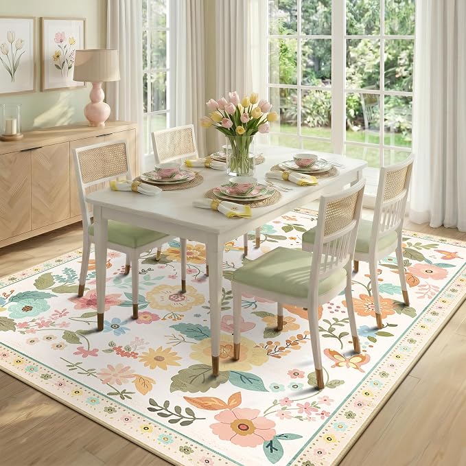 RELEANY Floral Washable 6x9 Area Rugs Beige/White/Orange | Flower Carpet Print - Image 8