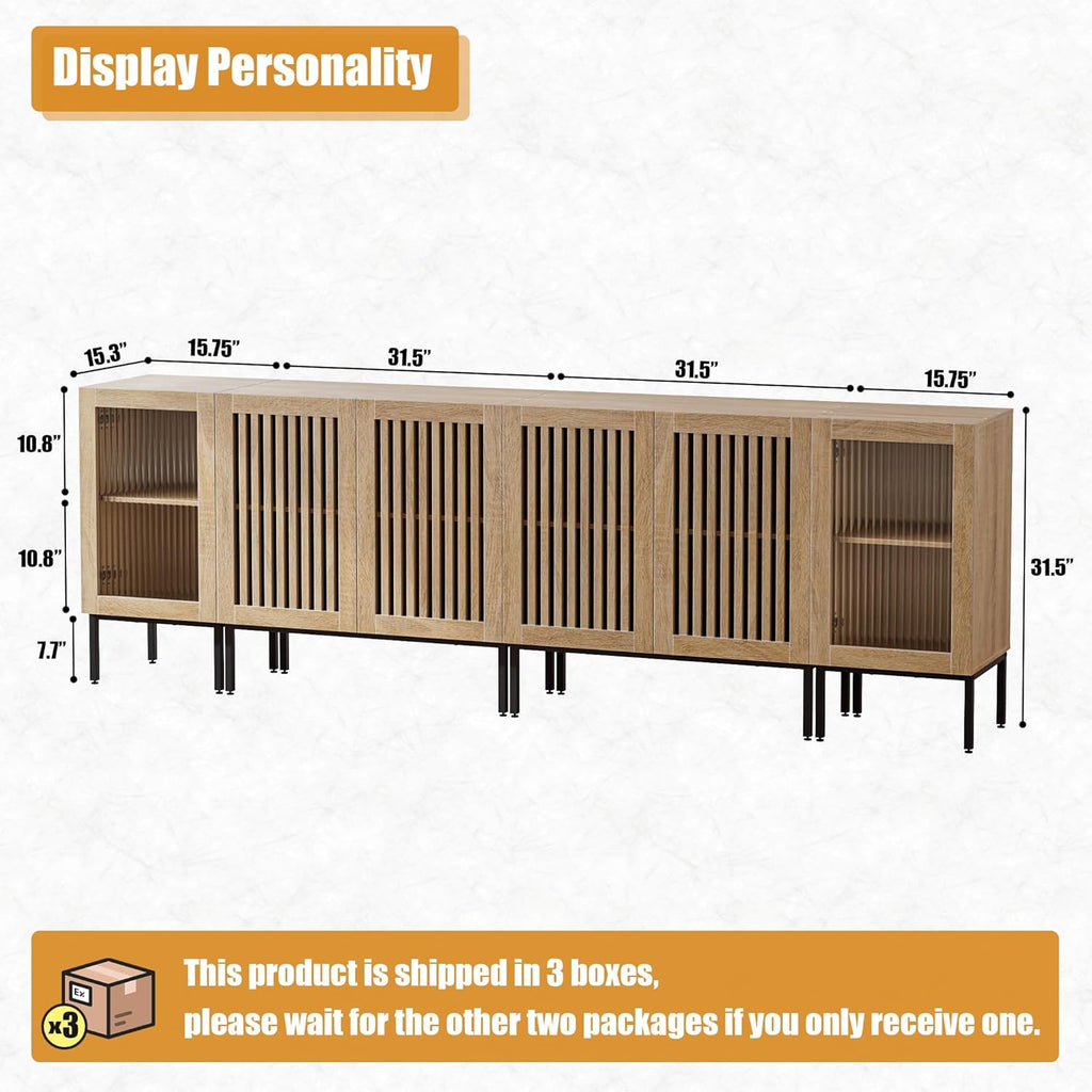 Farmhouse TV Stand for TVs up to 100 Inch, Entertainment Center TV Console with Storage Cabinets and Glass Doors,Media Console for Living Room,Oak