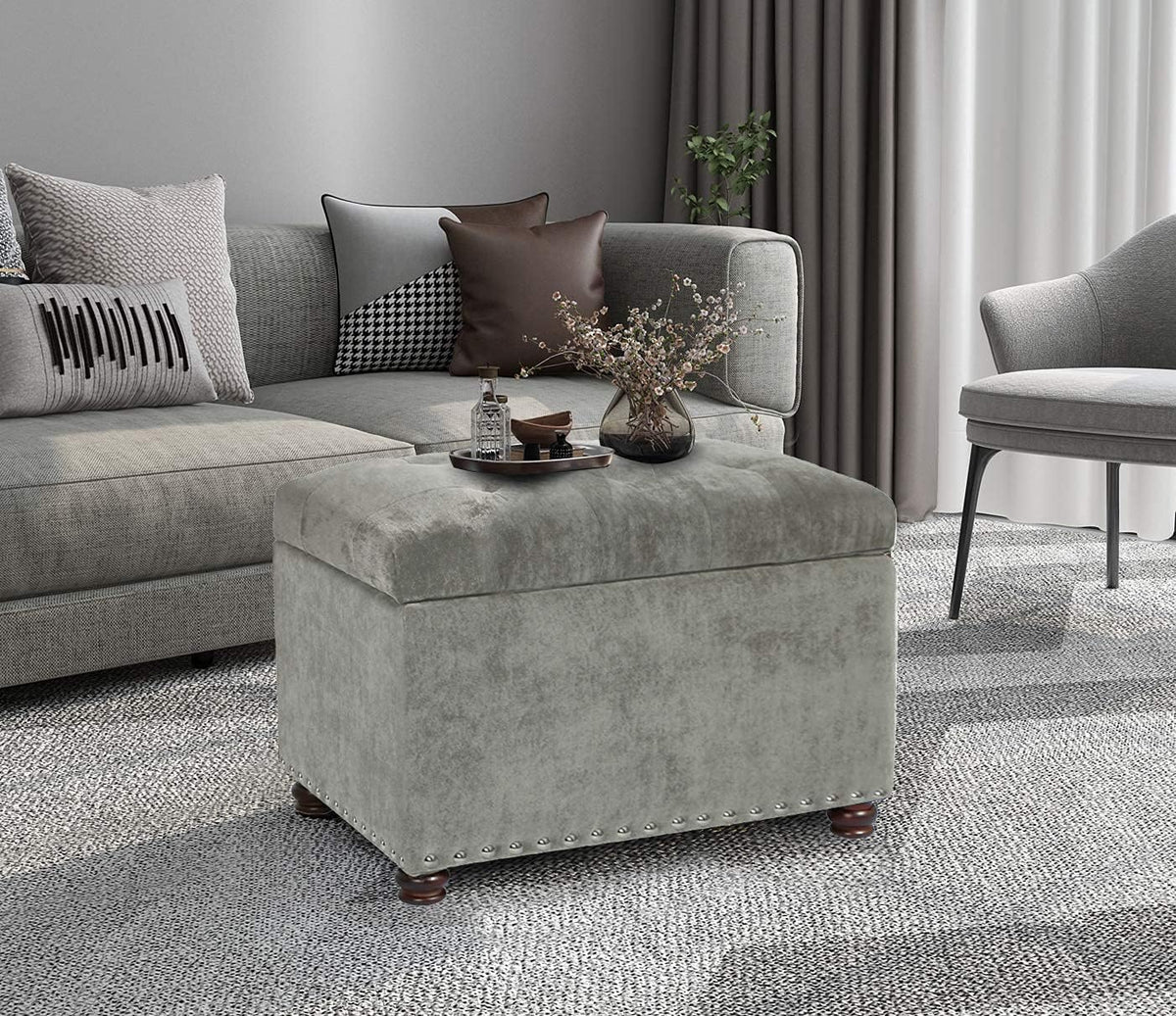 Joveco Storage Ottoman Foot Rest Stool, 24" Velvet Footstool Bench for Living Room Bedroom, Light Grey