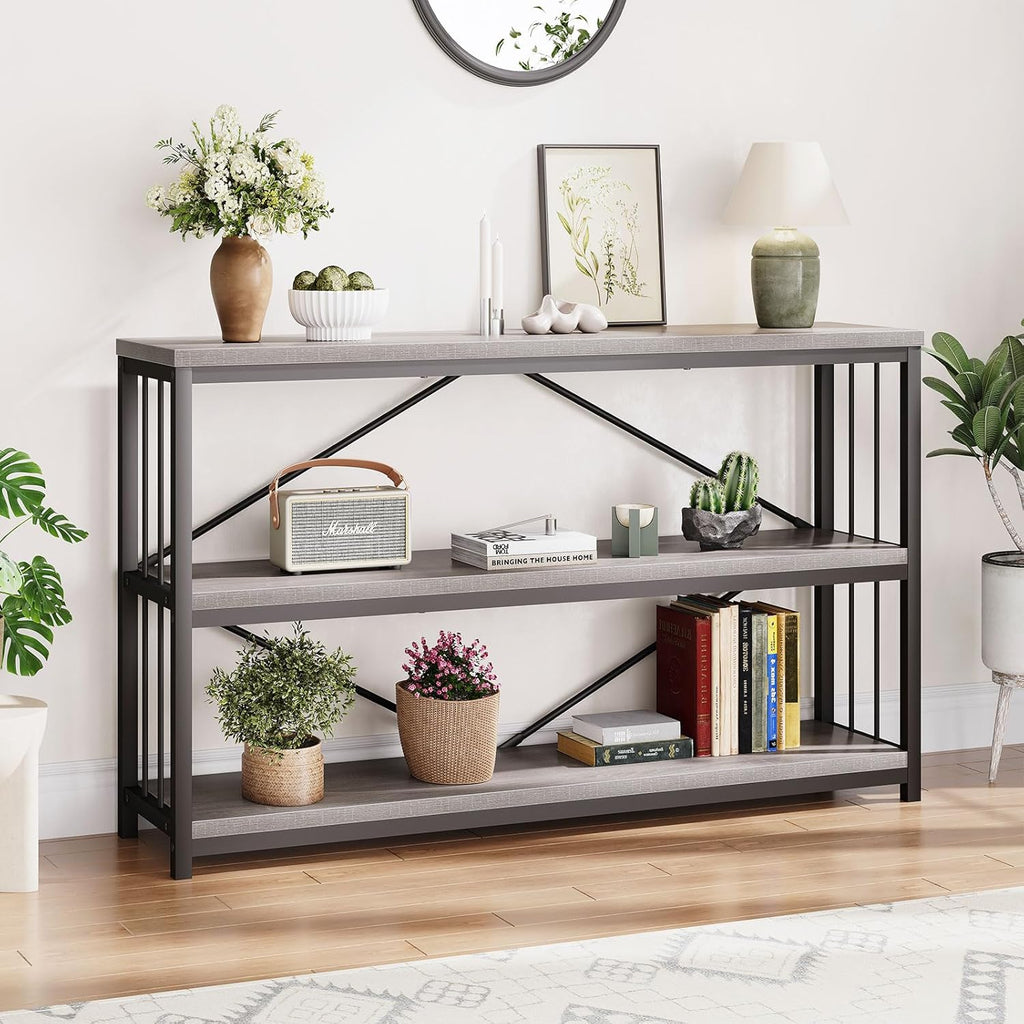 LVB Farmhouse Entryway Table, Metal Wood Console Table for Hallway, Industrial Rustic Sofa Table with 3-Tier Storage Shelf, Modern Entry Table for Foyer Front Home Living Room, Light Grey Oak, 47 inch