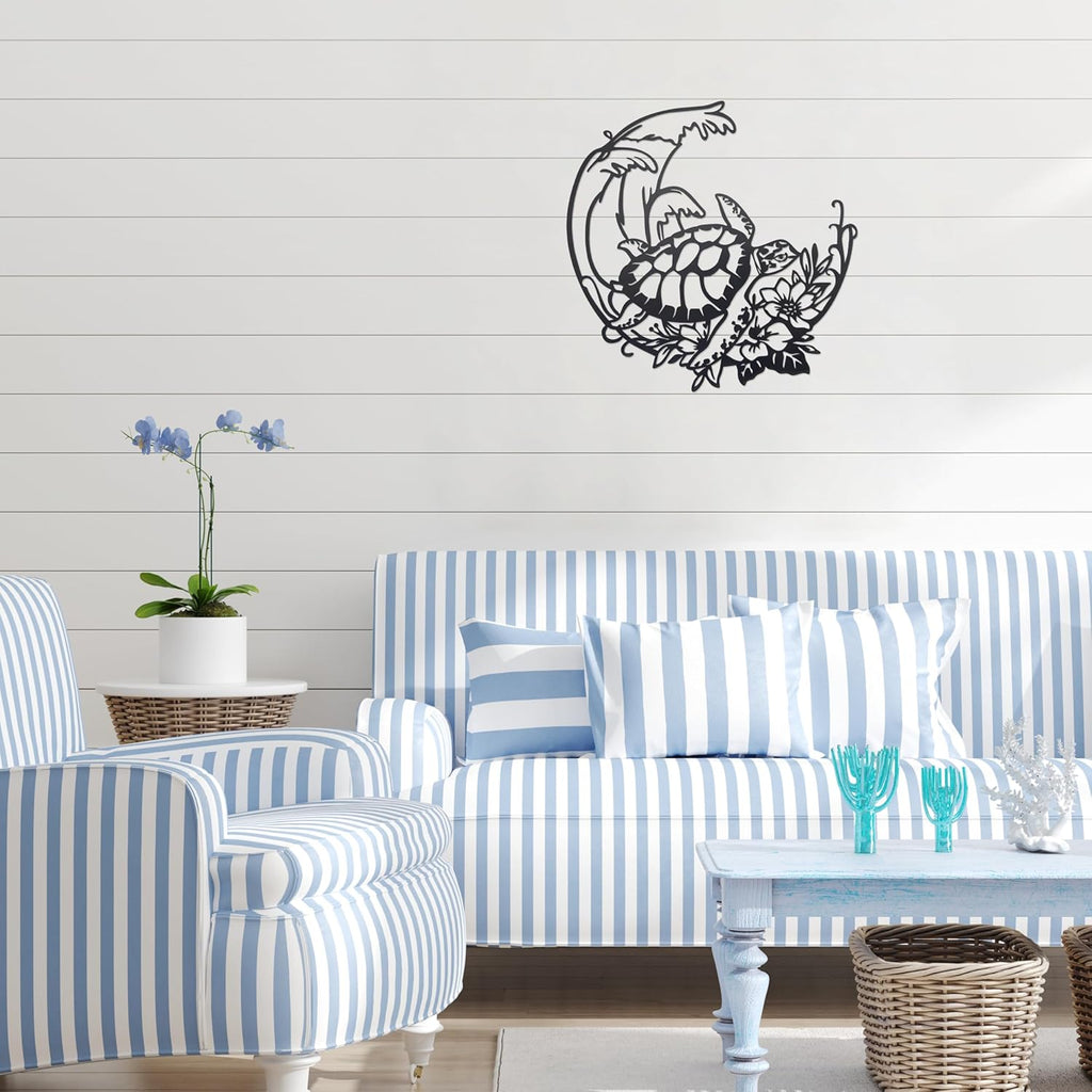 Sea Turtle Wall Decor Beach Theme Art Metal Coastal Turtle Decor Wall Hanging Beach Sculpture Metal Farmhouse Wall Art Room Ornament for Pool Home Lake House Bathroom Indoor Outdoor 11.4" x 11.4"