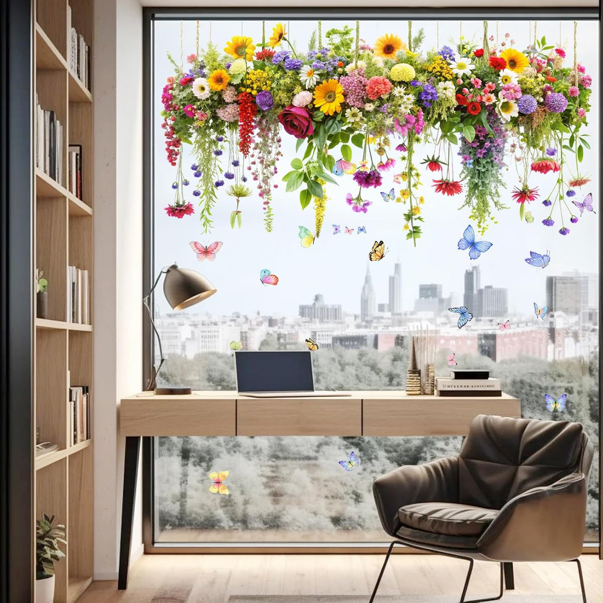 2 Set Colorful Floral Bouquet Window Stickers, Flower Butterfly Window Clings for Glass Windows,Floral Windows Film, Window Decals for Home Kitchen Bathroom Office Decoration
