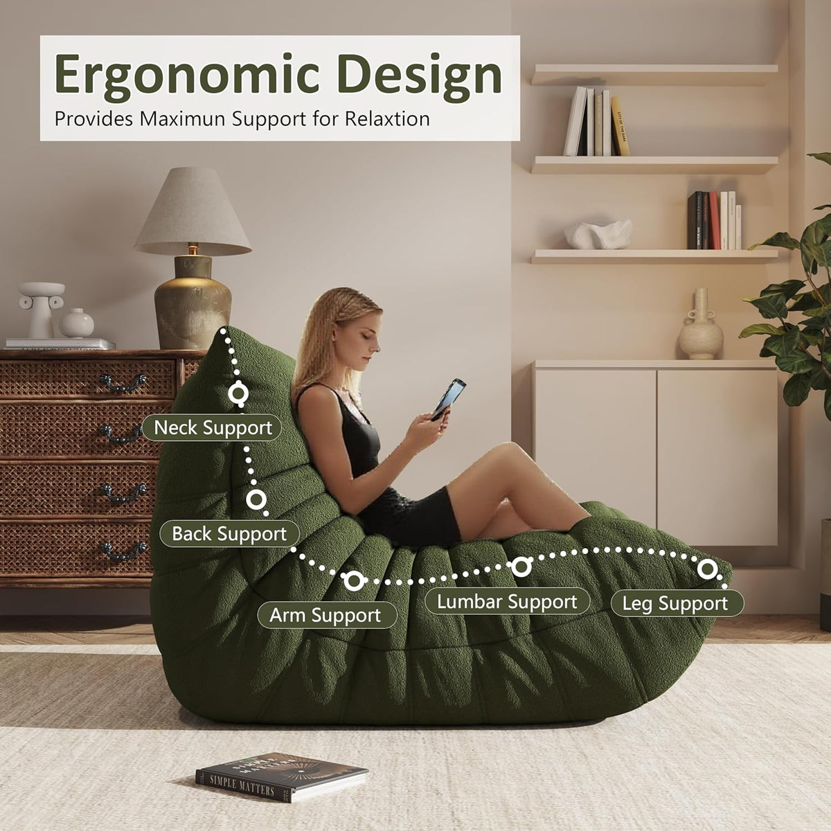 Bean Bag Chair, Oversized Bean Bag Chair for living Room, Fireside Chair for adults with Memory Foam Filled, Big Accent Sofa Lounge Floor Sofa for Gaming, Reading, Relax, No Assembly Required. (Green)
